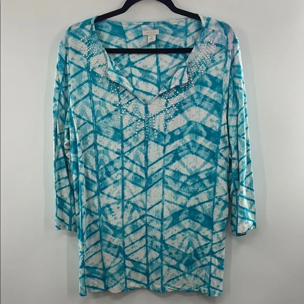 3For$20 Chico's Blue and White Geometric 3/4 Sleeve Relaxed Tunic size: Large